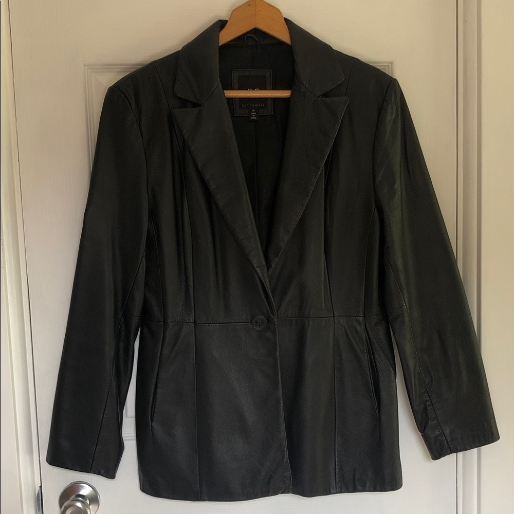 Classic Black Leather Blazer Jacket - Women Size M